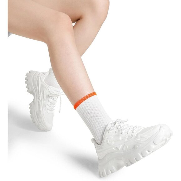 Women White Chunky Fashion Sneakers Bold Lace-Up Comfortable Sneakers - Picture 8 of 9